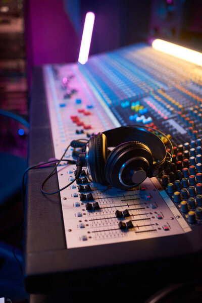 Close-up of boutique recording studio control desk