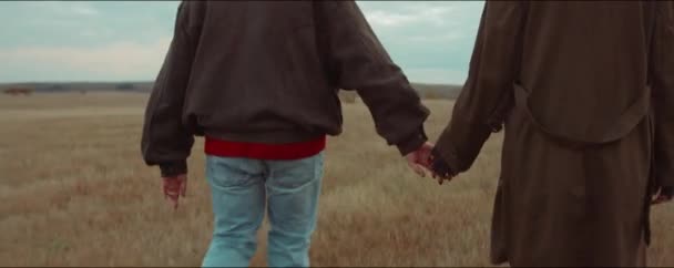 Nach Schüssen Auf Junges Romantisches Paar Das Auf Herbstfeld Geht — Stockvideo