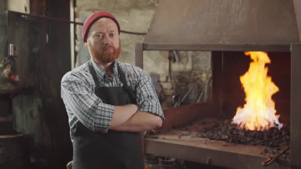 Portrait Professional Blacksmith Apron Standing Arms Crossed Forge Smithy Looking — Stock Video