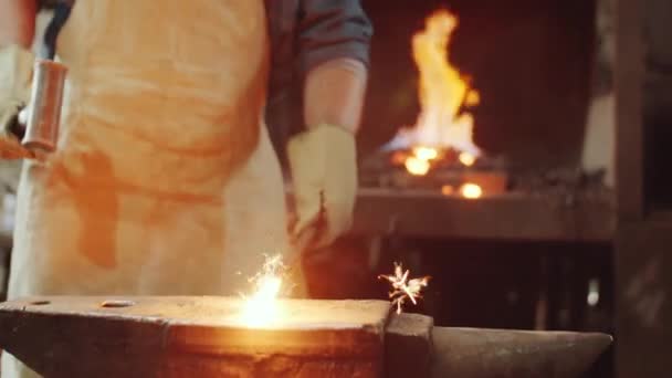 Midsection Shot Unrecognizable Blacksmith Apron Gloves Taking Hot Metal Rod — Stock Video