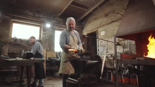 Senior Skäggiga Smed Förkläde Och Skyddshandskar Forma Uppvärmd Smide Järnstång — Stockvideo