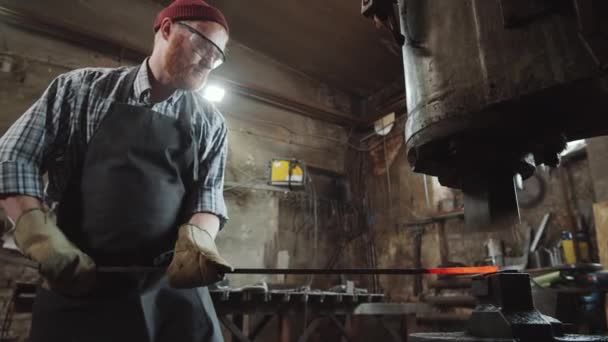 Low Angle Shot Professional Blacksmith Protective Gloves Glasses Forging Heated — Stock Video