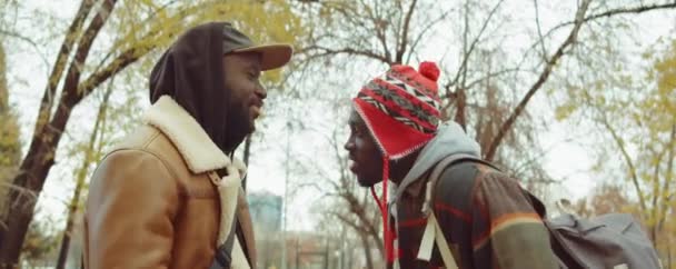 Dos Amigos Varones Afroamericanos Positivos Sonriendo Abrazando Charlando Mientras Están — Vídeo de stock