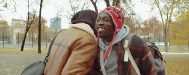 Dva Radostní Afroameričtí Přátelé Scházejí Parku Podzim Zdraví Povídají — Stock video