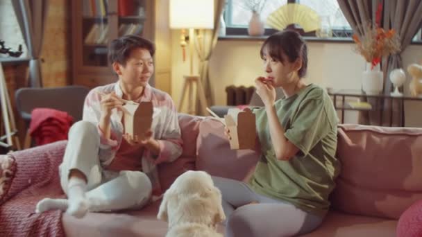 2人の若いアジアの女性がリビングでソファに座って テイクアウトの紙の箱から食べ物を食べ 犬がそれらを見てチャット — ストック動画