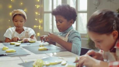 Mutfak masasında yemek yapmayı öğrenirken taze meyve kesen bir grup çoklu etnik çocuk.