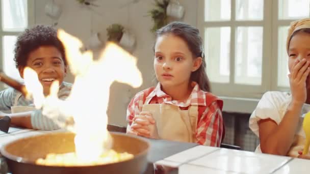 Petites Filles Garçons Multiethniques Regardant Nourriture Étant Flambé Par Chef — Video