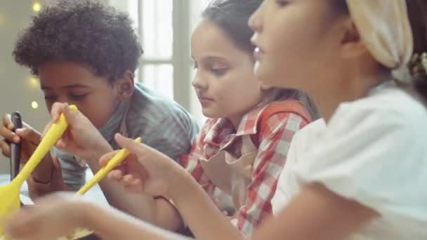 Małe Wieloetniczne Dzieci Mieszające Jedzenie Patelni Rozmawiające Podczas Gotowania Razem — Wideo stockowe