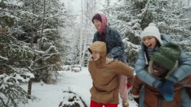 Genç neşeli arkadaşlar, akıllı telefondan video çeken kız olarak kış ormanlarında gezintiye çıkıyorlar.