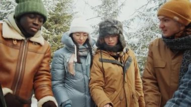 Kış ormanında durmuş, sohbet eden ve barbekü ateşinde lokum kızartan çok ırklı dostları çekeceğiz.