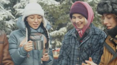 Bir grup neşeli çoklu etnik erkek ve kadın ormanda barbekü yapıyor, ellerini ısıtıyor, ateşte şekerleme pişiriyor ve kış tatilinde piknik yaparken sohbet ediyorlar.