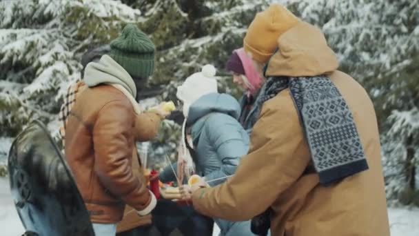 Unga Olika Vänner Talar Grilla Korv Grill Och Förbereda Varmkorv — Stockvideo