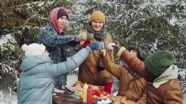 Grupo Jóvenes Diversos Hombres Mujeres Tazas Tintineo Tostadas Beber Mientras — Vídeos de Stock