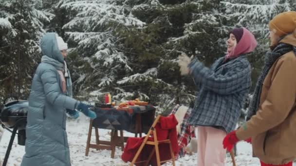 Jóvenes Amigos Lanzándose Bolas Nieve Mientras Juegan Campamento Bosque Invierno — Vídeos de Stock