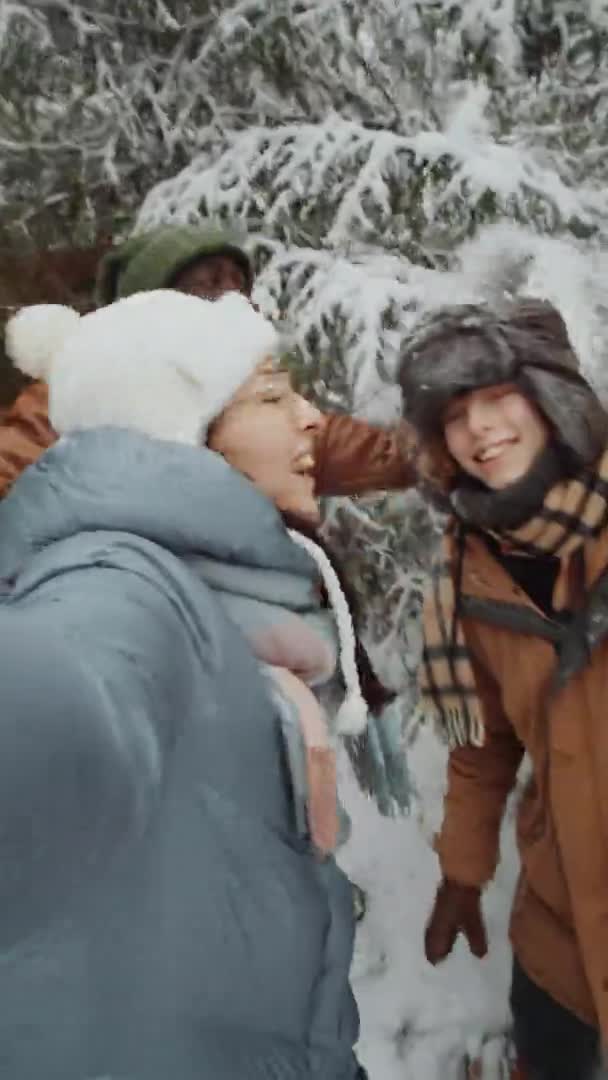 Kış Günü Ormanda Selfie Video Çekerken Gülümseyen Kameraya Sallayan Çoklu — Stok video