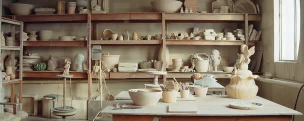 Zoom Shot Table Shelves Ceramics Tools Pottery Workshop People — Stock Video