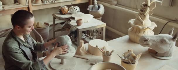アートスタジオで作業しながら粘土の頭の上に顔を彫刻若い女性の高角度ショット — ストック動画