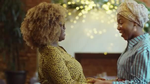 Two Cheerful African American Women Meeting Cafe Greeting Each Other — Stock Video