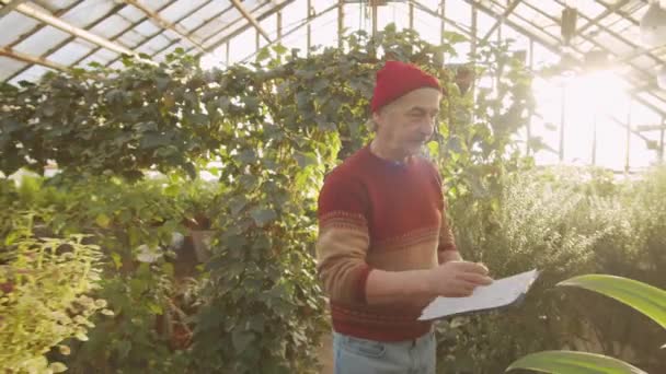 Senior Kaukasier Man Undersöka Växter Och Anteckna Urklipp Medan Arbetar — Stockvideo