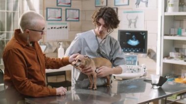 Professional vet using stethoscope while giving health checkup to dog as female owner standing beside in clinic