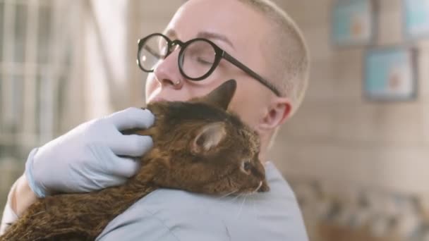 Caucasian Female Vet Petting Cute Cat While Calming Her Health — Video Stock