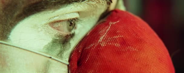 Zbliżenie Ujęcia Oczu Męskiego Klauna Makijażem Czerwonym Nosem Gąbki — Wideo stockowe