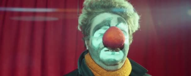 Clown Con Trucco Naso Rosso Che Spettacolo Sul Palco Del — Video Stock