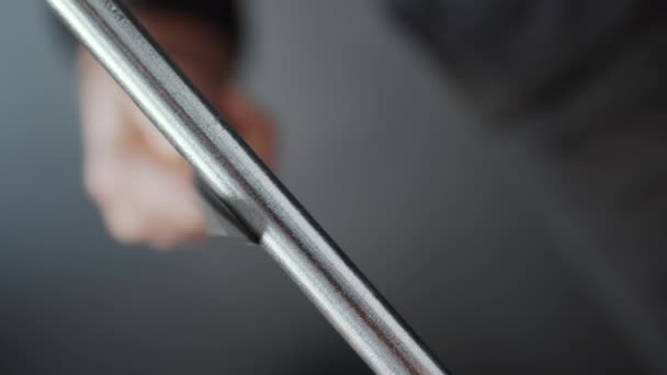 Close Selective Focus Shot Hand Sharpening Knife Honing Steel Rod — Stock Video