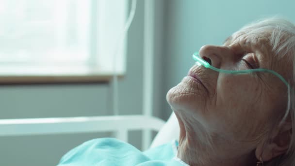 Крупный План Пожилой Пациентки Носовой Канюлью Лежащей Закрытыми Глазами Больничной — стоковое видео