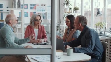 Melez iş adamları ve iş kadınlarından oluşan bir ekip toplantı masasında oturuyor, konuşuyor, sonra birlikte kameraya bakıyor ve gülümsüyor.