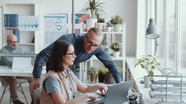 中年の男性マネージャーは若い女性の同僚に歩いて 彼女のそばに立って オフィスで一緒に働いている間にラップトップ上のプロジェクトについてアドバイスをする — ストック動画