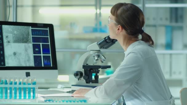研究室で標本を調べながら コンピュータやタブレットに接続された顕微鏡を用いた保護眼鏡の女性科学者 — ストック動画