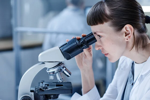 Científico estudiando un virus con microscopio — Foto de Stock