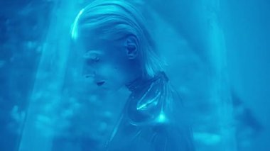 Yan çekim stüdyosunda gümüş kıyafetli bir kadının mavi lazer külahında dikilip yukarı bakarken.