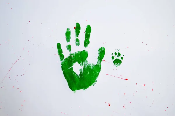 Photo of No war text with handprint and dog\'s paw print on white background,soft focus. Green handprint of human and dog\'s paw print with red drops