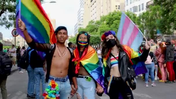 メキシコ市 2021年6月 メキシコ市でのLgbt行進の若い出席者は 虹の旗と性転換の旗を振って — ストック動画