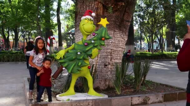 Tlaxcala Μεξικό Ιανουάριος 2022 Παιδιά Ποζάρουν Μια Φιγούρα Του Grinch — Αρχείο Βίντεο