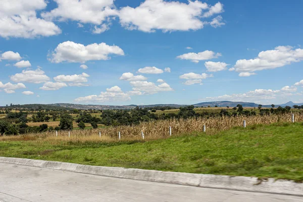 Tlaxcala eyaletinin panoramik manzarası ve bitki örtüsü, yol gezisi sırasında mavi gökyüzü, açık bulutlar, yeşil çimenler.