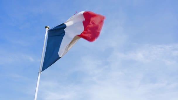 French Flag Fluttering Wind Blue Sky White Clouds — Stock Video