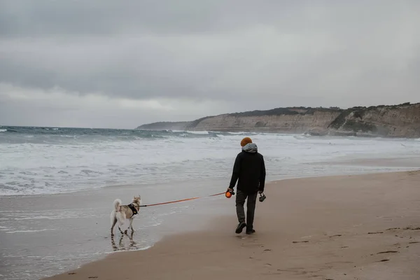 Man in black raincoat walking with Siberian Husky dog along the beach on a cloudy day. Cloudy day on a beach along Great Ocean Road in Australia with a man walking his dog.