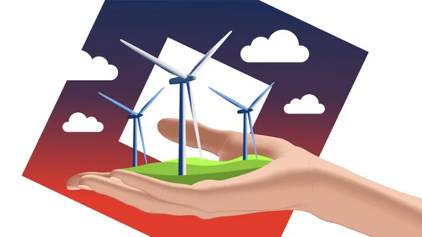 Concepto Eco Turbinas Eólicas Alto Voltaje Generador Energía Verde Granja — Vector de stock