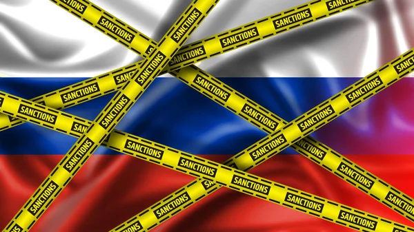 Russland Sanktionskonzept Gelbes Band Mit Sanktionszeichen Gegen Russland — Stockfoto