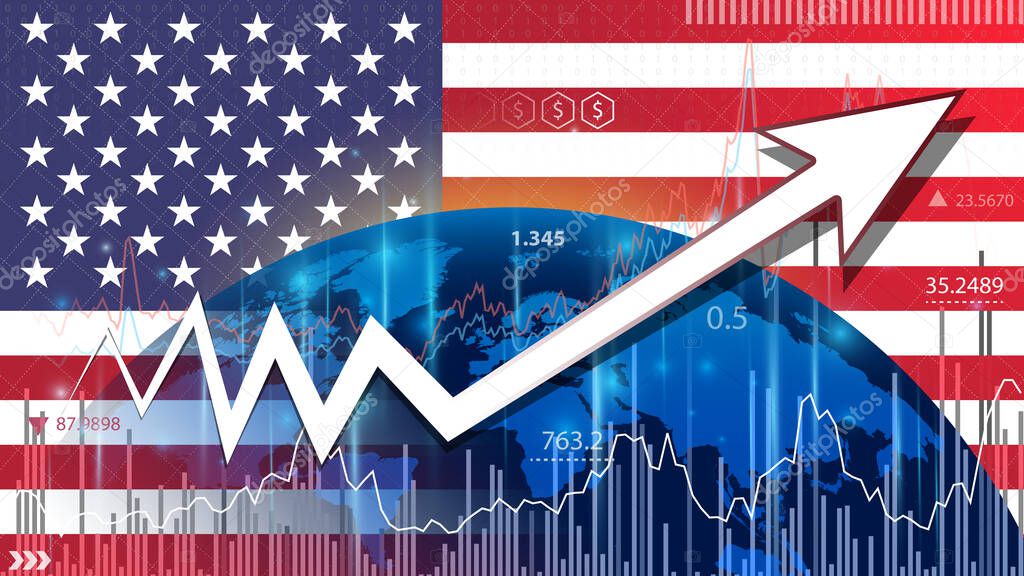 Economic Growth in United States. Economic Forecast for the US Economy. Up arrow in the chart against the background of the US flag.