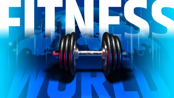 The world of fitness. Fitness motivation and muscle training concept. Dumbbell on the background of world.