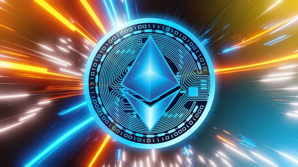 Ethereum hits new record. Ethereum and neon background. Ethereum and blockchain banner illustration. Mining and trade Ethereum concept.