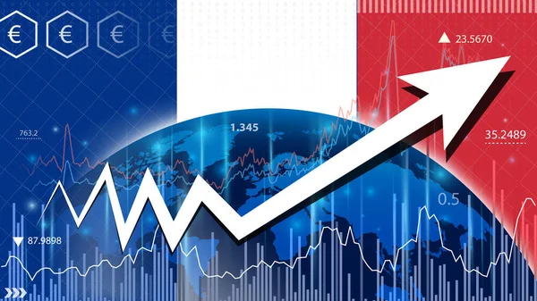Economic Growth in France. Economic Forecast for the France Economy. Up arrow in the chart against the background of the France flag