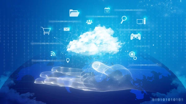 Cloud computing technology and online data storage in innovative perception. Cloud server data storage for global business network concept. Internet server service connection for cloud data transfer.