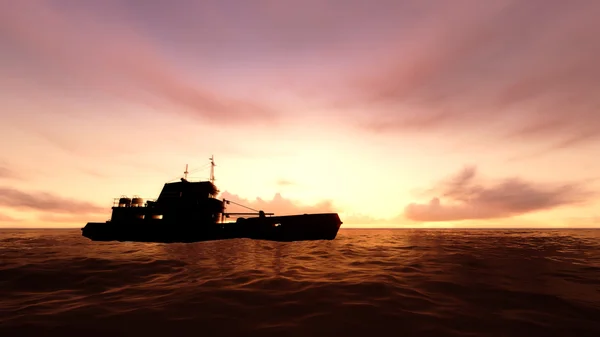 Ship in ocean with sunset
