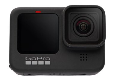 NEW YORK CITY, ABD - 21 Eylül 2021: GoPro Kahraman 9 Siyah beyaz arka planda izole edildi.