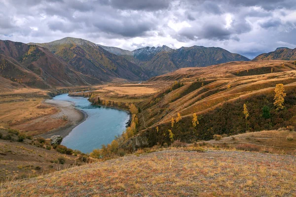 Amazing Bright Autumn Landscape Hills Covered Dwarf Birch Golden Larch — Stock Photo, Image